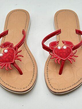Y2K Coach Marina Crab Sandals Flip Flops Womens 8B Red Rhinestone 2000s Summer